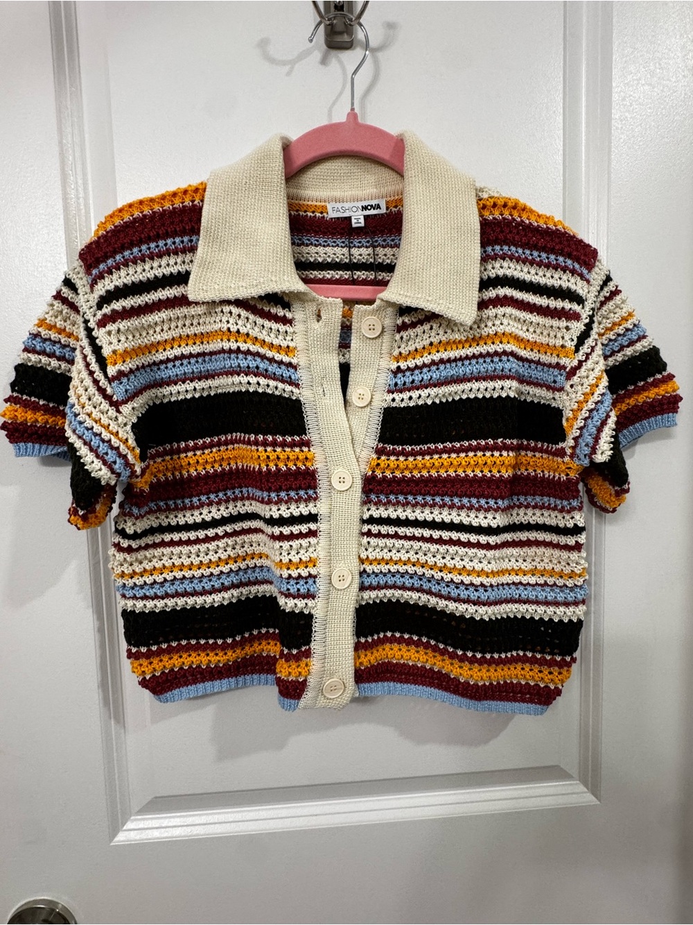 Multicolor Striped Crochet Polo Cropped Knitted Top with Cream Collar